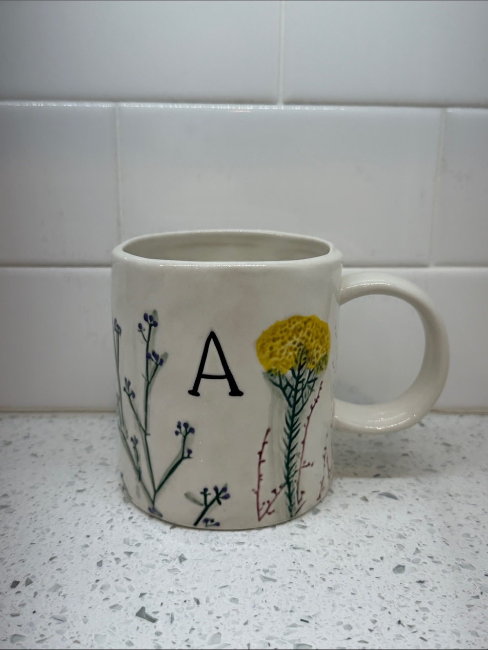 Anthropologie Monogram 'A' Floral Ceramic Mug in Cream and Yellow